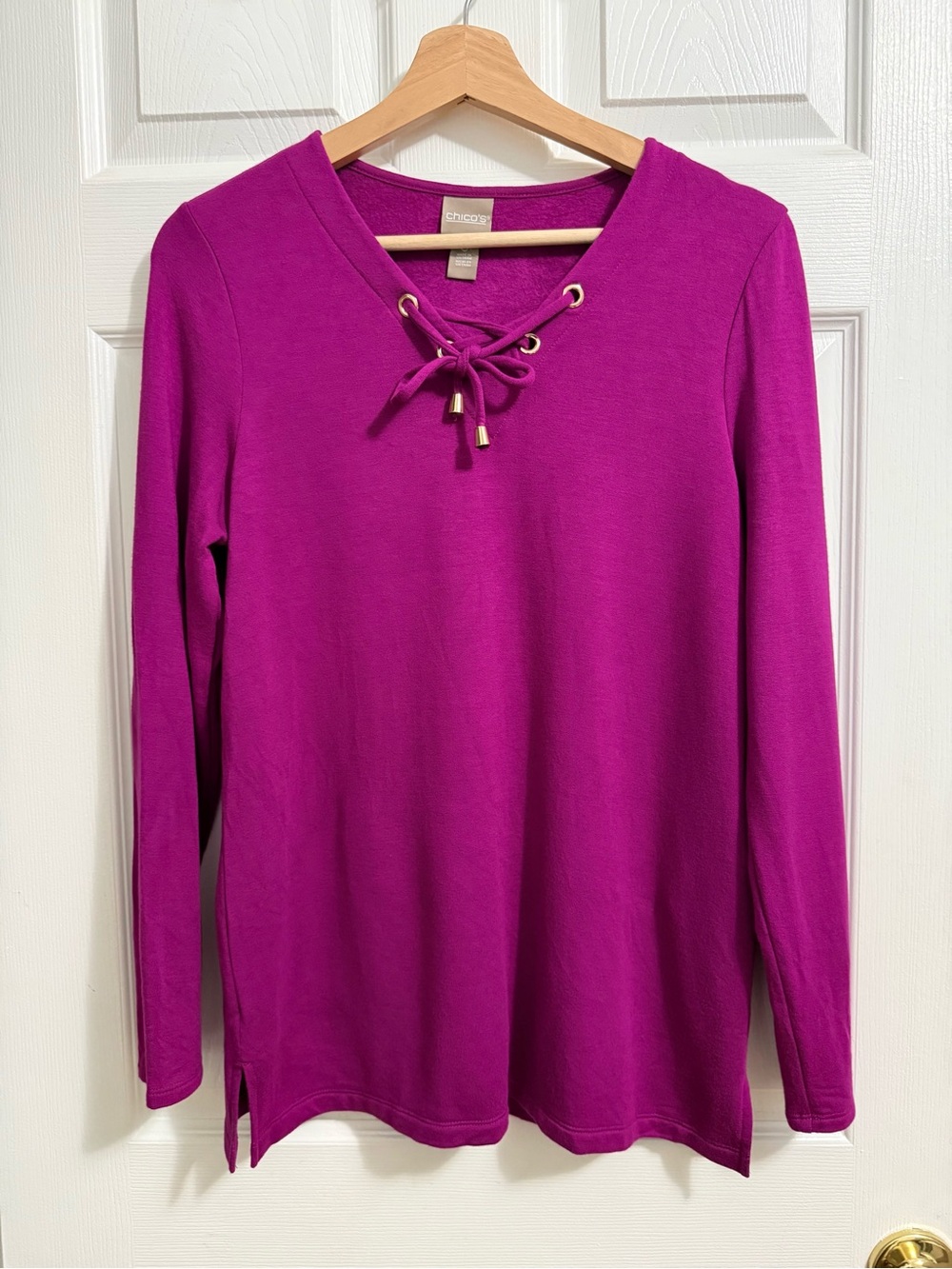 Chico's Magenta Lace-Up Long Sleeve Top